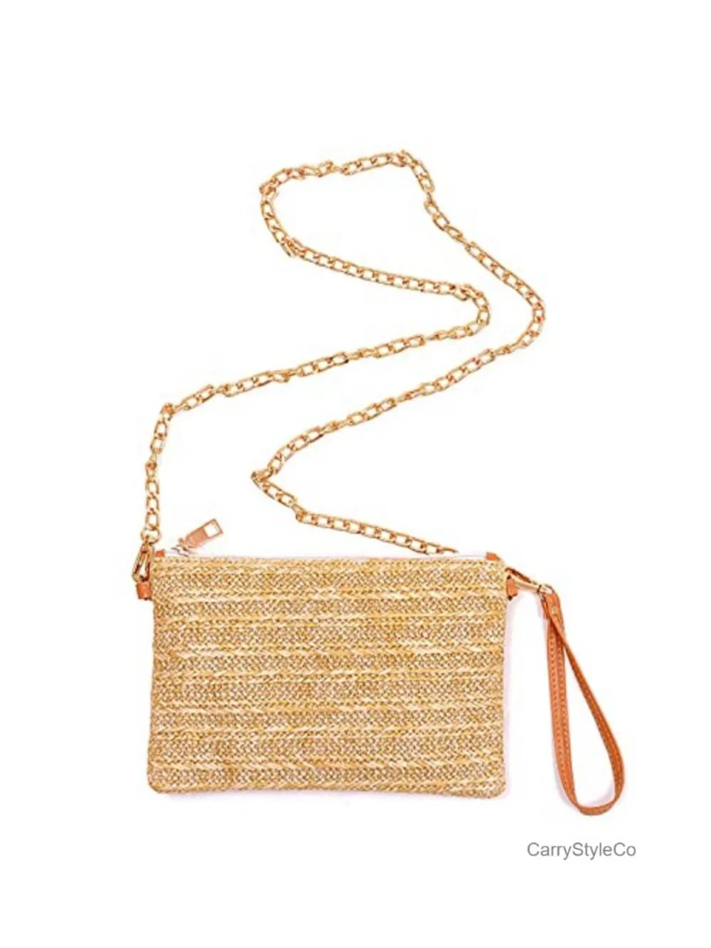 Straw Wristlet Crossbody Bag with Detachable Chain Strap
